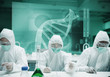 Scientists working in protective suite with futuristic interface