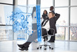 Confident businessman looking at blue map diagram interface