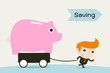 saving , man pulling Piggy coin bank