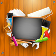 Hand tools and empty chalkboard - Carpentry background