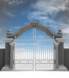 cemetery gate with metallic fence, dark enening