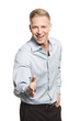 Portrait of friendly businessman giving hand for handshake.