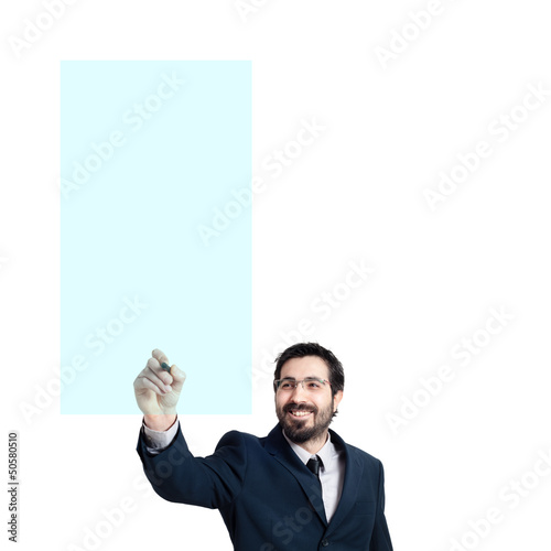 Photo: business man writing on imaginary screen business man writing on imaginary screen