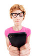 Funny guy concentrated while using smartphone