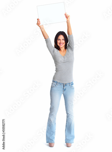 Photo: Happy woman showing a copyspace. Happy woman showing a copyspace.