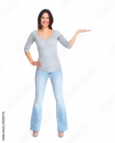 Photo: Young beautiful woman showing copyspace. Young beautiful woman showing copyspace.