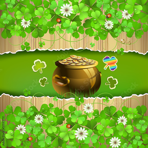 Vector: Wood background with clover and pot with coins Wood background with clover and pot with coins
