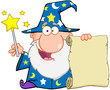 Funny Wizard Waving With Magic Wand And Holding Up A Scroll