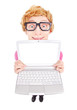 Funny nerdy guy showing laptop screen with your text