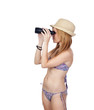 Young Casual Girl with Bikini Watching for a Binocular
