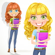 Cute teen girl with wavy hair keeps books