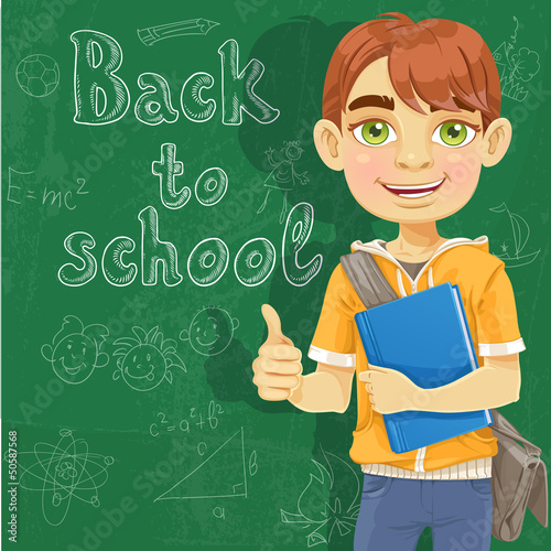 Vector: Teenage boy with a textbook near blackboard shows ok Teenage boy with a textbook near blackboard shows ok