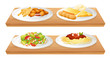 Two wooden trays with four plates full of foods