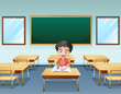 A boy inside a classroom with an empty board at the back