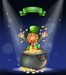 A man with a pot full of coins at the center of the stage