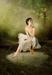 The girl in the woods listens a serenade grasshopper