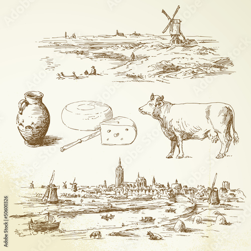 Vector: holland windmill - hand drawn illustration holland windmill - hand drawn illustration