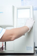 Woman performin hematological test.