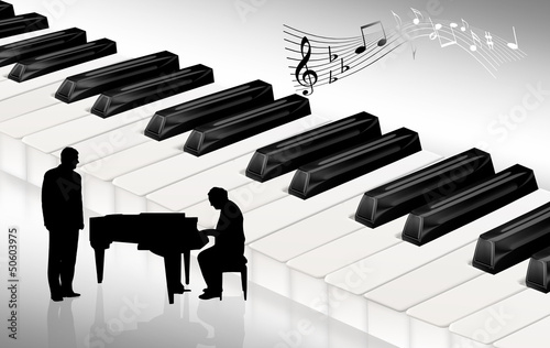Illustration: Klaviertastatur mit Pianist und Sänger Klaviertastatur mit Pianist und Sänger