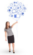 Happy lady holding social icon balloon