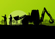 Excavator loader and workers digging at construction site with r