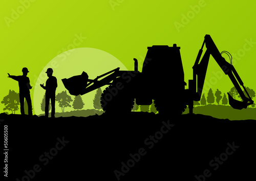 Vector: Excavator loader and workers digging at construction site with r Excavator loader and workers digging at construction site with r