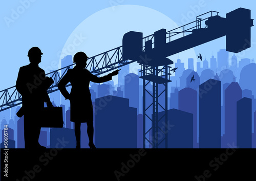 Vector: Engineer and construction site manager watching skyscraper build Engineer and construction site manager watching skyscraper build
