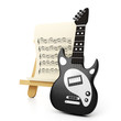 Graphic representation of a black electric guitar and a sheet wi