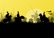 Medieval knight horseman silhouettes riding in battle field