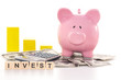 Piggy bank beside graph calculator and invest spelled out in pla