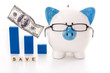 Piggy bank wearing glasses with save message