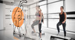 Women workout with futuristic interface showing them how to do