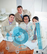 Overview of happy colleagues using blue chart interface