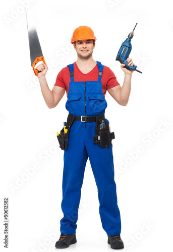 Photo: Handyman with tools full portrait isolated Handyman with tools full portrait isolated