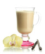 Fragrant coffee latte in glass cup with vanilla pods isolated