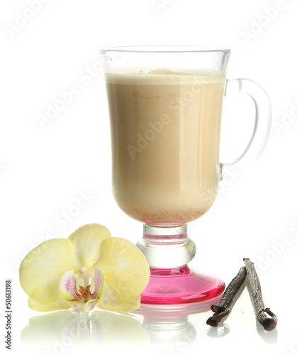 Photo: Fragrant coffee latte in glass cup with vanilla pods isolated Fragrant coffee latte in glass cup with vanilla pods isolated