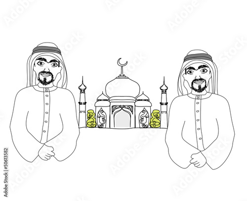 Illustration: Muslim praying at Medina holy Islamic city Muslim praying at Medina holy Islamic city