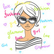 Fashionable girl in sunglasses. Drawn by hand.