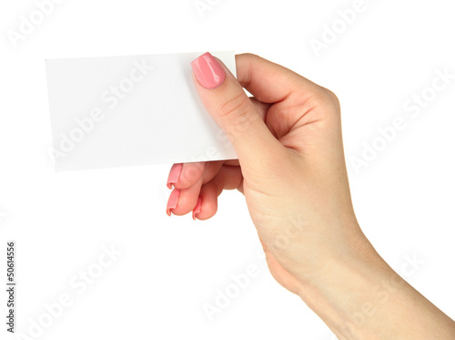 Photo: Female hand holding business card, isolated on white Female hand holding business card, isolated on white