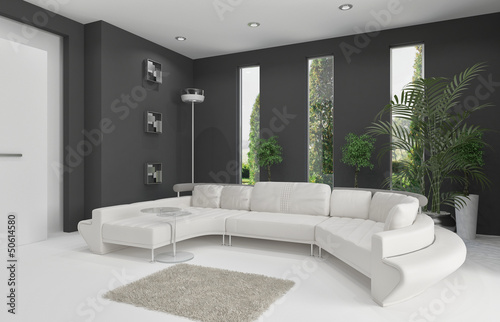 Illustration: 3d Rendering of living room interior with white couch 3d Rendering of living room interior with white couch