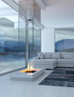 White 3D interior room with fireplace and lake view