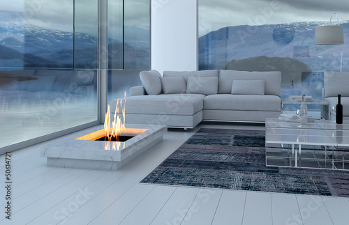 Illustration: White 3D interior room with fireplace and lake view White 3D interior room with fireplace and lake view