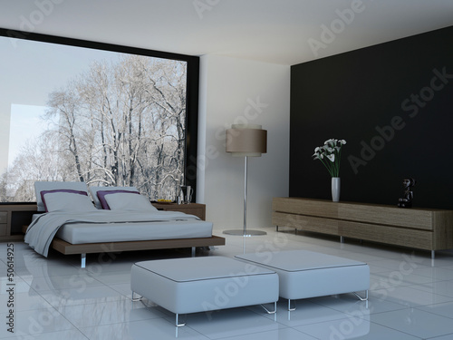 Illustration: Modern Bed Room with wooden bed and white pillows Modern Bed Room with wooden bed and white pillows