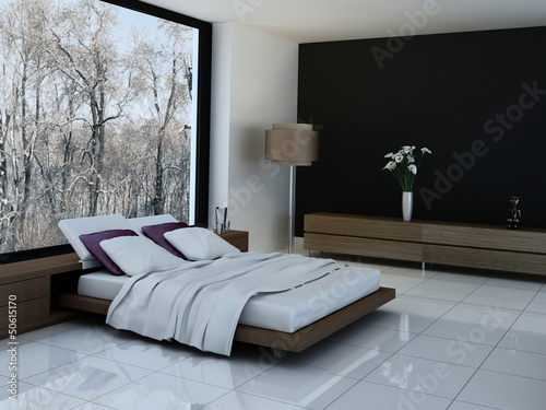 Illustration: Modern Bed Room with wooden bed and white pillows Modern Bed Room with wooden bed and white pillows