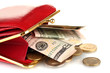 female red wallet with money isolated on white