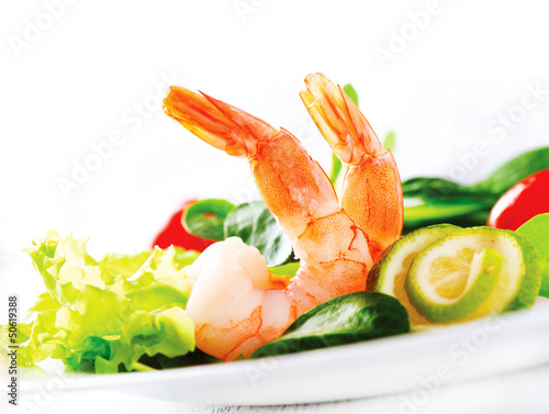Photo: Prawn salad. Healthy Shrimp Salad with mixed greens and tomatoes Prawn salad. Healthy Shrimp Salad with mixed greens and tomatoes