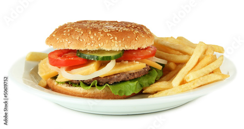 Photo: Tasty cheeseburger with fried potatoes, isolated on white Tasty cheeseburger with fried potatoes, isolated on white