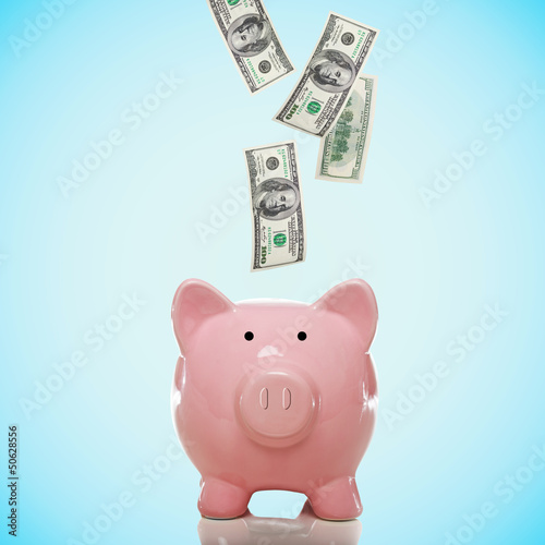 Photo: Piggy bank with hundred dollar bills Piggy bank with hundred dollar bills