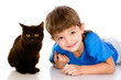 kid and black cat. isolated on white