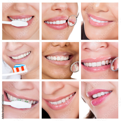 Photo: Collage of smiling woman cleaning her teeth Collage of smiling woman cleaning her teeth